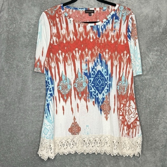 Multiples Tops - Multiples Medium Shirt Top Ivory Geometric Short Sleeve Round Neck Stretch Boho